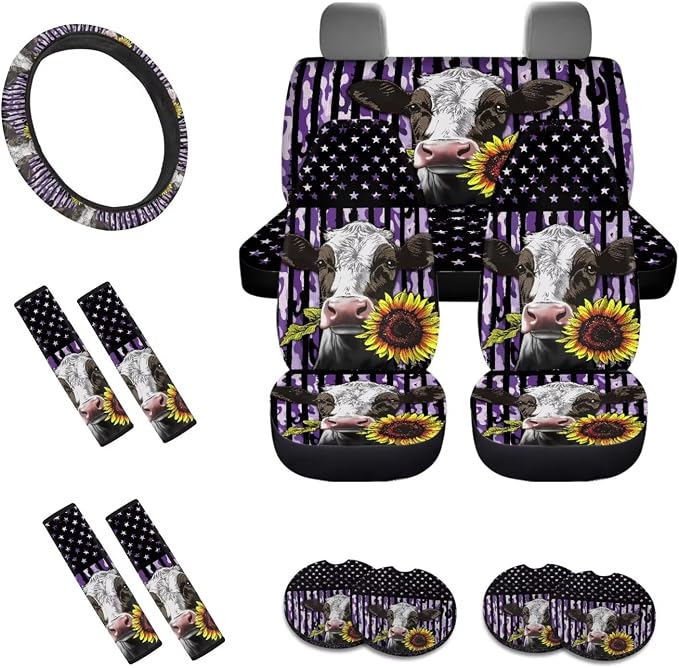 Cow Sunflower Camo American Flag Pattern Car Seat Cover Full Set, 13 PCS Car Accessories with 1 Soft Steering Wheel Cover, 4 Safe Belt Cover, 4 PCS Coasters as Gift for Family and Friend