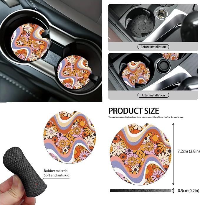 Hippie Daisy Floral Print Car Seat Cover Sets Car Steering Wheel Cover Seat Belt Cover Trash Bin Air Vent Storage Box Front Rear View Mirror Car Cup Holder Keychain 15Pcs Car Accessories