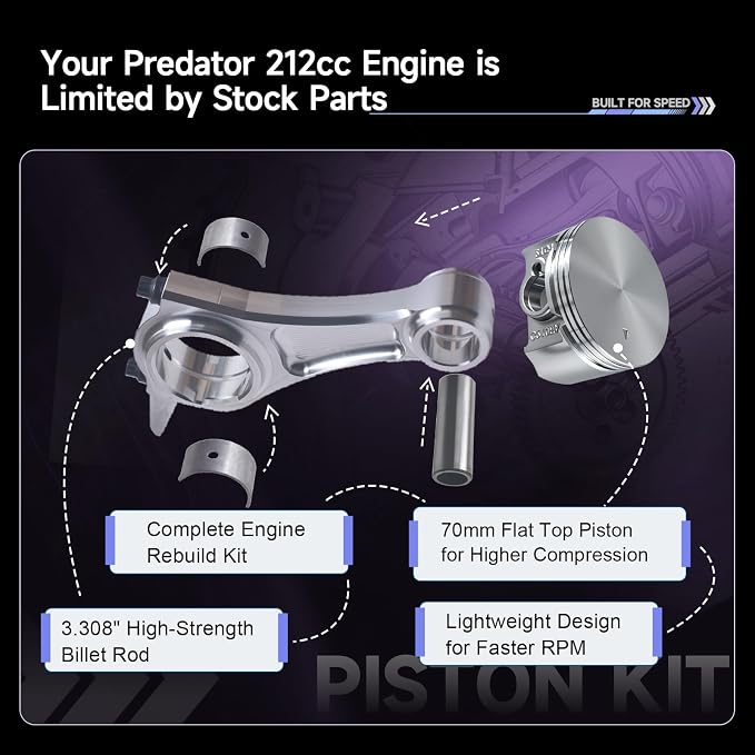 Billet Rod（3.308）With 70mm Flat Top Piston Kit for the Harbor Freight Predator 212cc Hemi and Non-Hemi versions Engine