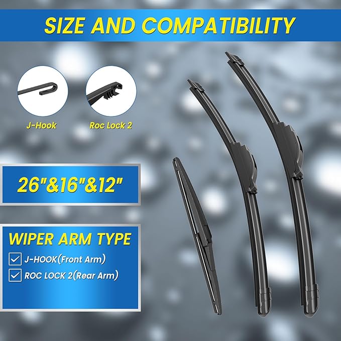 Gavimnal® 26"+16"+12" Windshield Wiper Blades Replacement For Toyota Rav4 2019 2020 2021 2022 2023,All-Season Front Rear Wiper Blades(Set of 3)