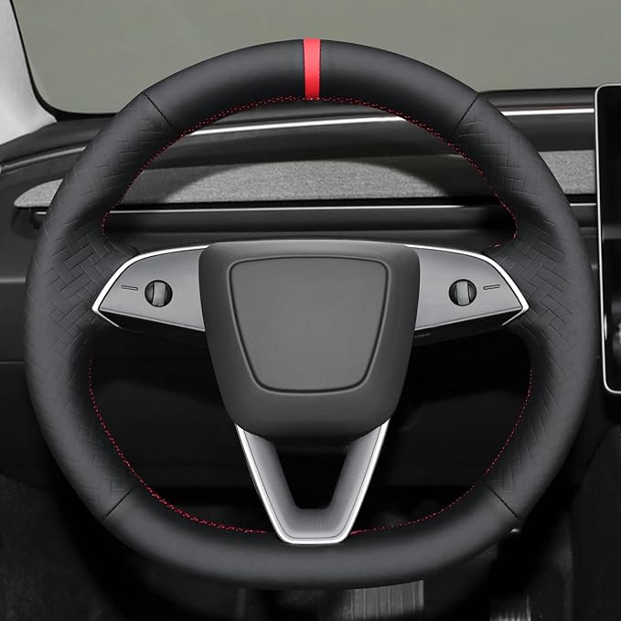 MEWANT DIY Black Solid Woven Embossed Faux Leather Steering Wheel Cover for Tesla Model3 Highland Model Y Juniper 2025