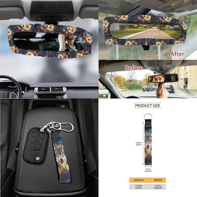 Wolf Galaxy Print Auto Seat Cushion + Steering Wheel Protector + Keychain + Mirror Cover + Seatbelt Pad + Air Vent Storage Bag + Trash Can + Cup Holders, Set of 15
