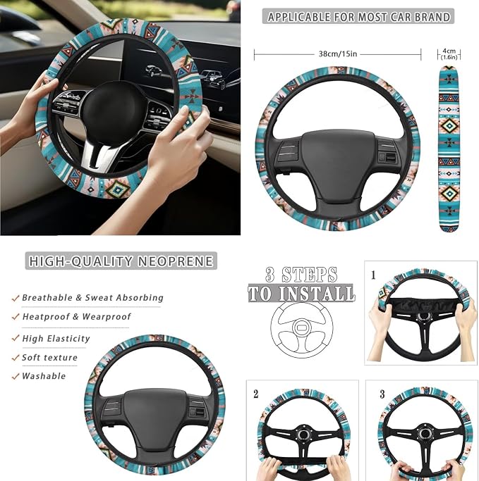 Blue Boho Car Accessories Car Seats Cover Protector, Steering Wheel Covers, Seatbelt Cover, Car Trash Can, Cup Coasters, Rearview Mirror Cover, Keychains, Pack of 15