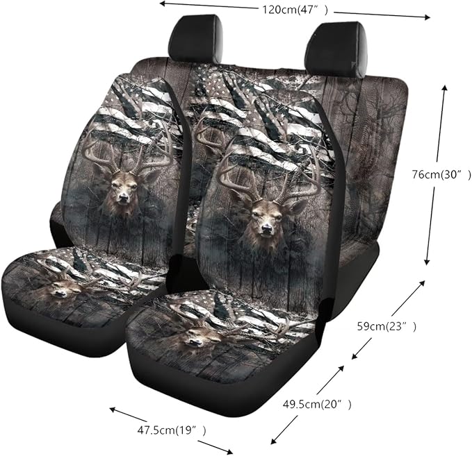 Deer Wood American Flag Print Car Accessories Set of 13, Washable Front and Rear Seat Covers Full Set + Steering Wheel Cover + Safe Belt Pads + Coasters Interior Decoration Fit for Most Cars