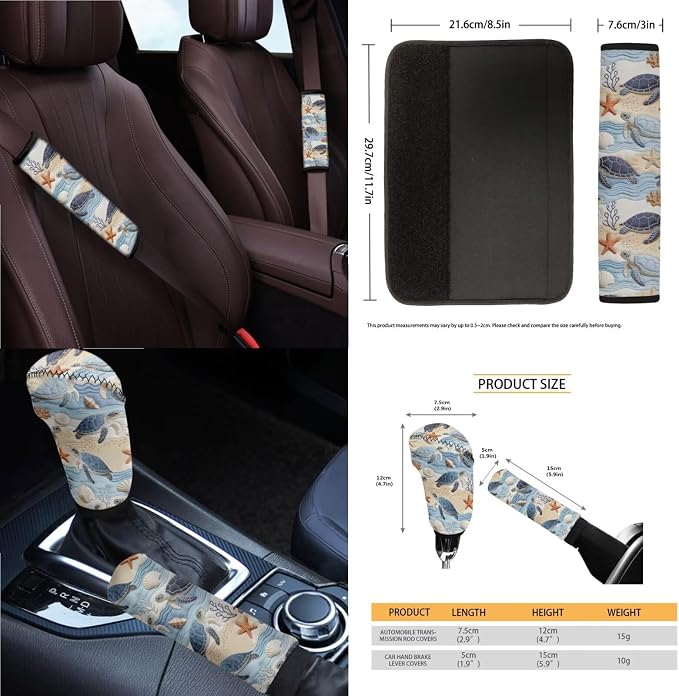 Sea Turtle Print Car Seat Covers Full Set Shell Starfish Print Car Seat Covers Front and Back Full Set with Steering Wheel Cover Armrest Cushion Safety Belt Pads Garbage Bag Coasters