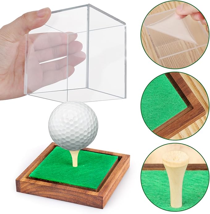 Hooqict Golf Ball Display Case Clear Acrylic Golf Ball Case Display with Wood Base & Tee Ball Holder Stand UV Protected Square Cube Box Single Ball Storage Golfball Collections