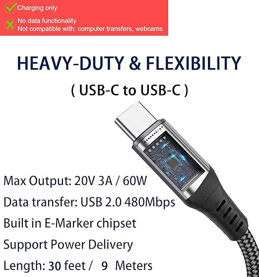 30FT USB-C to USB-C Cable 60W(no data), Extra Long USB Type-C to Type-C Cable 2.0, USB C Charger Cable for iPhone 15,MacBook Pro 2020,iPad Air 5th,Galaxy S24 S23 S22,Note 20,Pixel 7,Switch,Moto,Grey