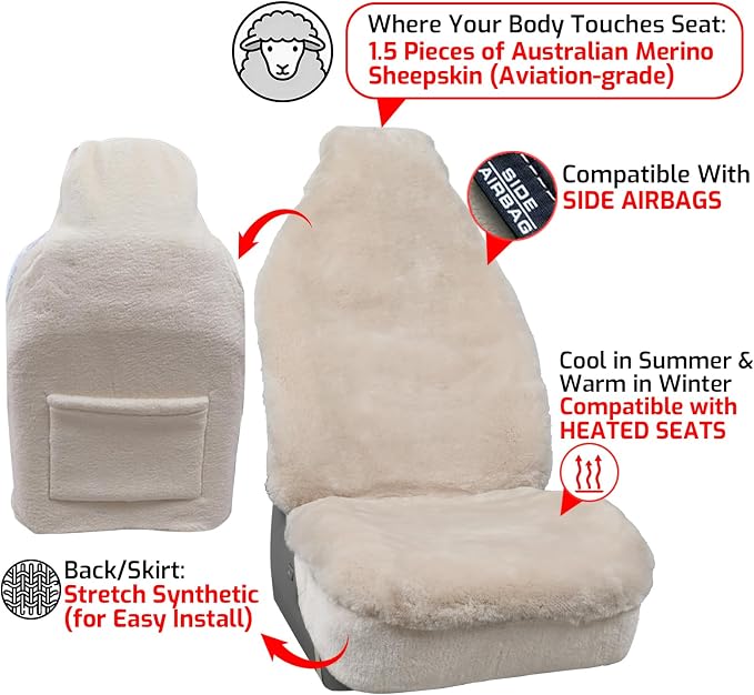 Aegis Cover Sheepskin Seat Cover Genuine Australian Merino Wool Front Seat Cover Luxury Dense Pelt Universal Fit for Most Cars, SUVs, Trucks, Bucket-Style, 54 X 22 Inches (Sand)