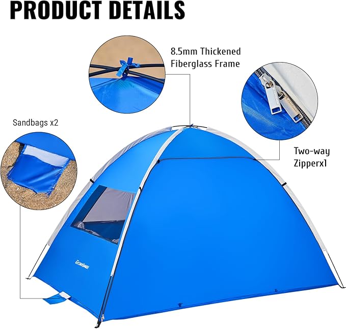 EchoSmile UPF 50+ Beach Tent Sun Shelter for 3/4 Person, Portable Beach Cabana Tent