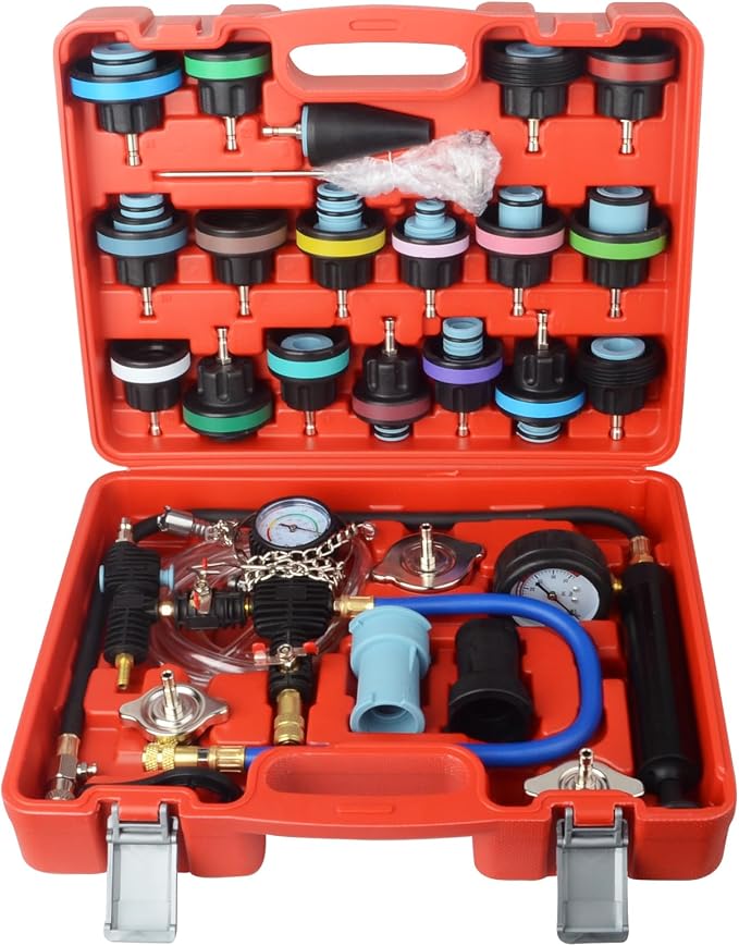 DAYUAN 28Pcs Universal Radiator Pressure Tester Kit, Coolant Vacuum Refill | Coolant Pressure Tester Set, for Cooling System, 0-35 PSI Pressure Testing，Vacuum Purge & Refill, Fits Most Vehicles，Red Case