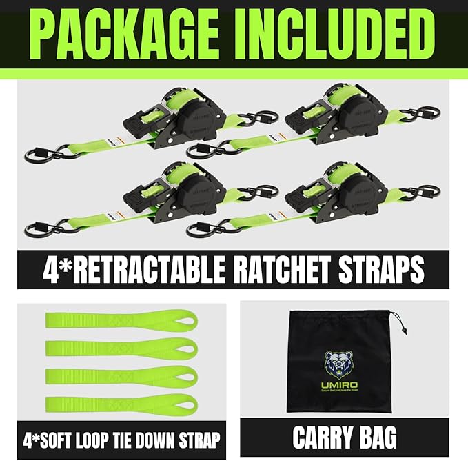 Retractable Ratchet Straps 1 Inch x 12 Feet Heavy Duty Tie Downs,1760lb Break Strength,Self Retracting for Truck,Cargo,Trailer,Motorcycle,ATV,UTV (Fluorescent Green, 4pack)