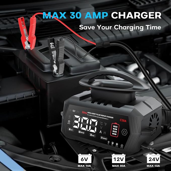 30-Amp Battery Charger for Lithium LiFePo4 Lead Acid Deep Cycle (AGM/Gel), 6V/12V/24V Battery Charger & Maintainer, Trickle Charger for Car Truck Motorcycle Lawn Mower Marine