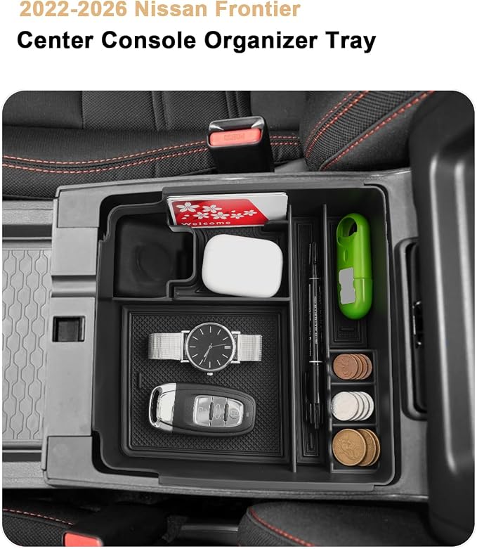 ECOZEN Center Console Organizer For 2022-2026 Nissan Frontier - Armrest Box Storage Tray Compatible with 2022-2026 Frontier Accessories - Armrest Organizer Solid ABS with Anti-Slip Mat