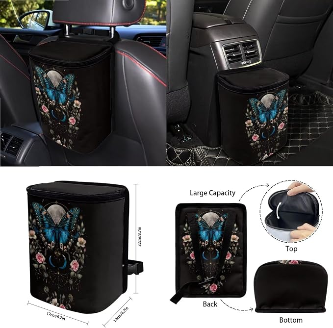 Butterfly Rose Moon Flower Pattern Car Accessories Set of 15, Full Set Seats Covers, Auto Streering Wheel Cover Trash Bin, Seat Belt Cover Keychain Coasters Air Vent Storage Bag