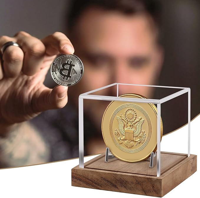Clear Acrylic Coin Display Case with Wood Base & Alloy Holder, Memorabilia Stand Cube Holder, Dust Protection Transparent Storage Box for Single Challenge Coin Souvenir Coin Collections