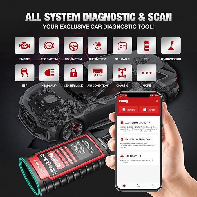 KINGBOLEN Ediag Plus Bluetooth Scanner, All System Bidirectional Test OBD2 Diagnostic Scanner for iOS & Android with CANFD Protocol, Auto VIN, 15+ Rest, 1 Year Without fee Update