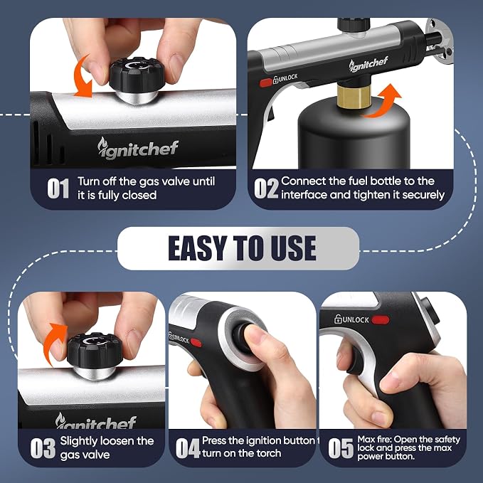 Propane Torch Gun with One-Touch Max Fire, Kitchen Blow Torch with a Safety Lock for Sous Vide Searing Steak, Grill, Charcoal Starter, Campfire (Propane Tank Not Included)
