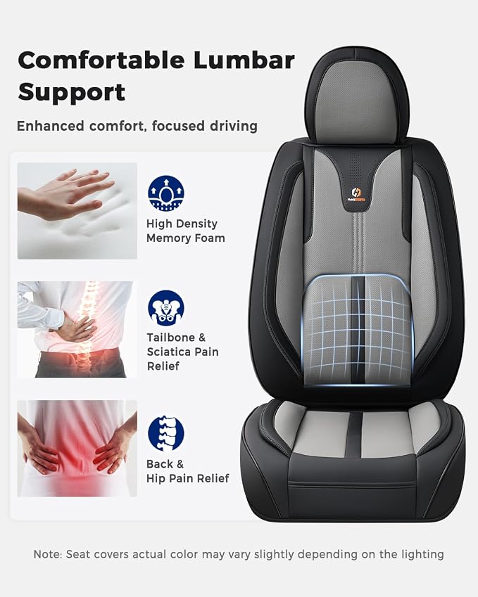 Huidasource Universal Car Seat Cover Luxury Nappa Leather, Car Seat Cover Set with Velcro Adjustable, Airbag, Lumbar Support, Cooling＆Heating, Seat Covers Fit for Most Cars SUV Trucks, Black＆Gray