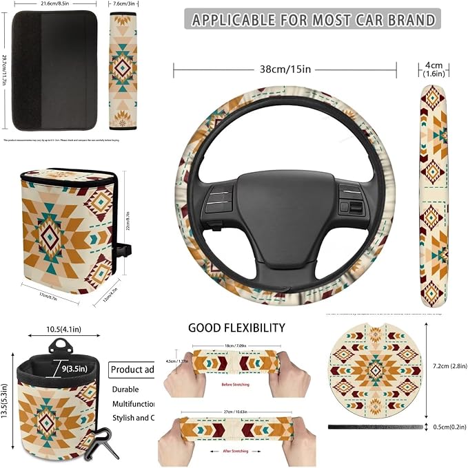 XYZCANDO Ethnic Prints Auto Interior 15 PCS Full Set Car Seat Cover Set Steering Wheel Cover Seat Garbage Bag Storage Box Belt Pads Cover Car Rear View Mirror Cover Coasters Keychain Fit Most Cars