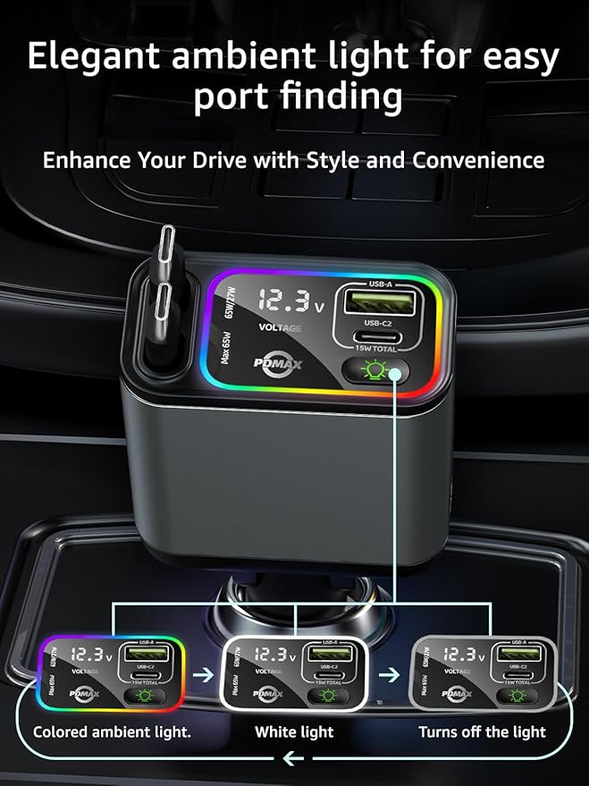 Retractable Car Charger USB C,145W Type C Car Charger Fast Charging with Dual Retractable USB C Cable and USB Ports for iPhone 17/16/15,S25/24/23/22, Pixel 9/8/7（Build-in Dual Type C Cable）