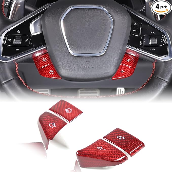 Dry Carbon Fiber Central Control Steering Volume Button Cover Compatible with Corvette C8 2020-2025 Accessories 4Pcs Center Consoles Steering Button Panel Sticker Decorative Interior Trim (Red)
