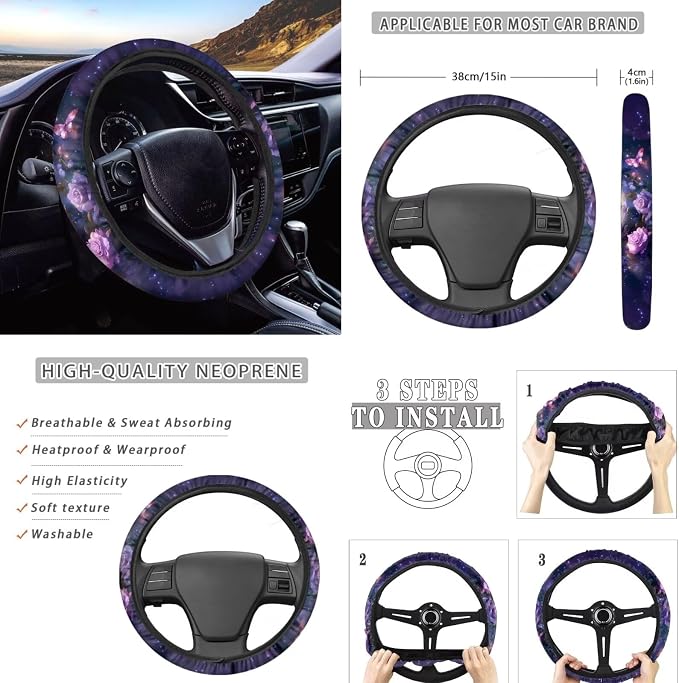 8 Pcs Purple Butterfly Rose Car Interior Accessories Set for Women, Car Seat Covers, Auto Steering Wheel Cover, Auto Center Console Pad, Seat Belt Covers