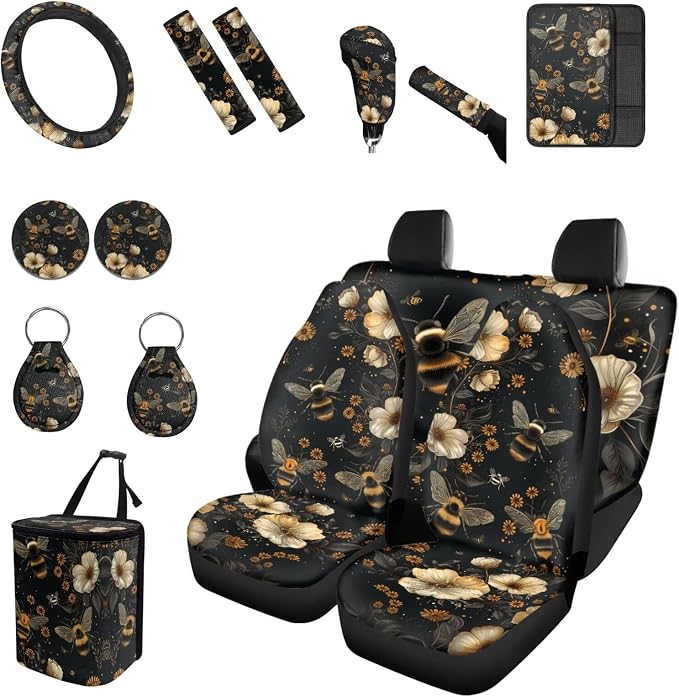Forchrinse Bee Flower Car Front Back Seat Covers with Steering Wheel Cover,Seat Belt Pads Gear Shift Knob Handbrake Cushion Cup Holder Trash Can for Men Women,15Pack