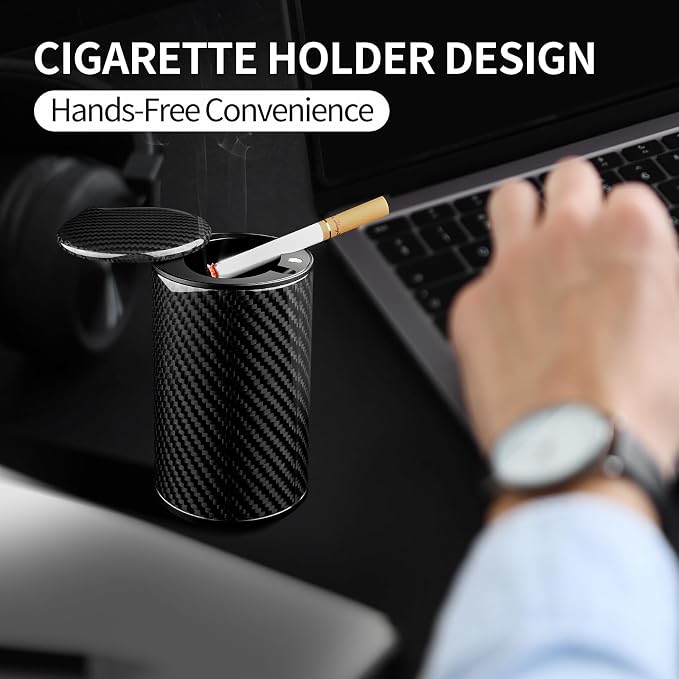 T-carbon Car Ashtray with Lid,Smokeless Ashtray for Cup Holder Smell Proof,Portable Ashtrays for Most Car, Office, Home,Glossy Black