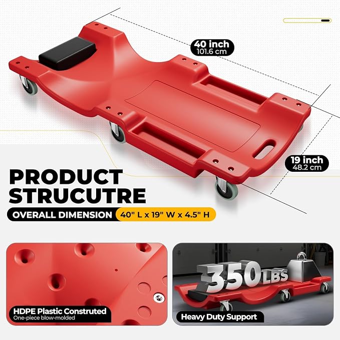 Auto Dynasty 40 Inches Mechanic Creeper, Automotive Garage Repair Low Profile Under Car Rolling Creeper with Padded Headrest, Plastic, Red