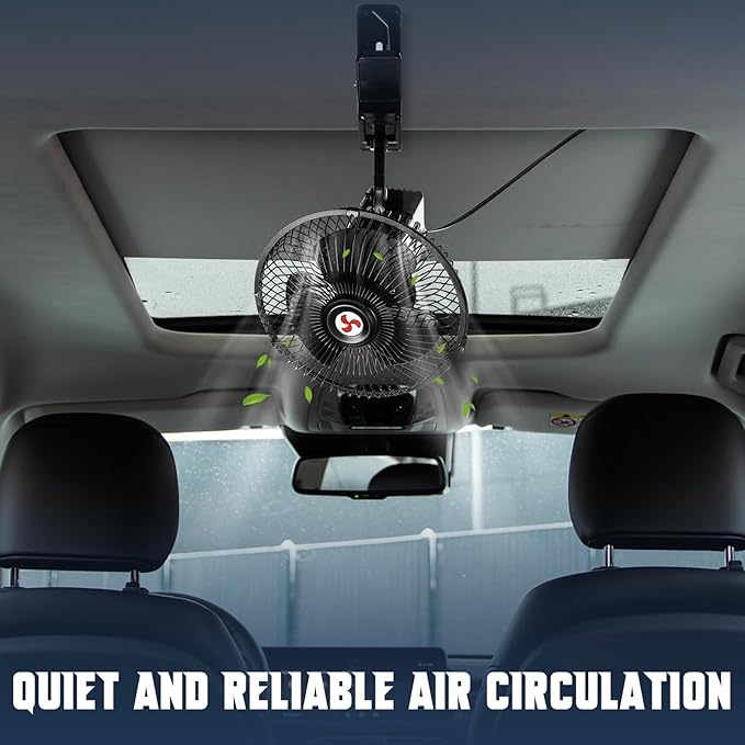 Tujoe 7" Portable Car Fan with Cigarette Lighter Electric Cooling - 12 Volt Oscillating Automobile Fan, 360 Degree Swivel with Clip for Truck Camping Supplies, Black (2 Pcs)