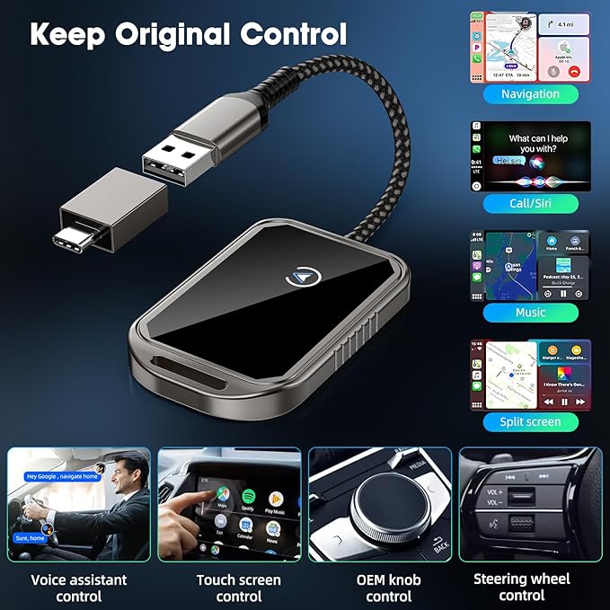 Wireless CarPlay Adapter for Apple iPhone, Multi-User Seamless Connection Mini Plug and Play CarPlay Adapter for Cars from 2015 and iPhone iOS 10+ / Android 11+ to Screen w/USB C (Gray)