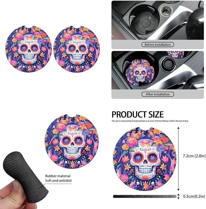 13 Pcs Skull Sunflower Universal Car Seat Covers Set Watercolor Skeleton Print Steering Wheel Cover/Cup Coasters Trucks Sedan SUV Cover Armrest Cushion Pad