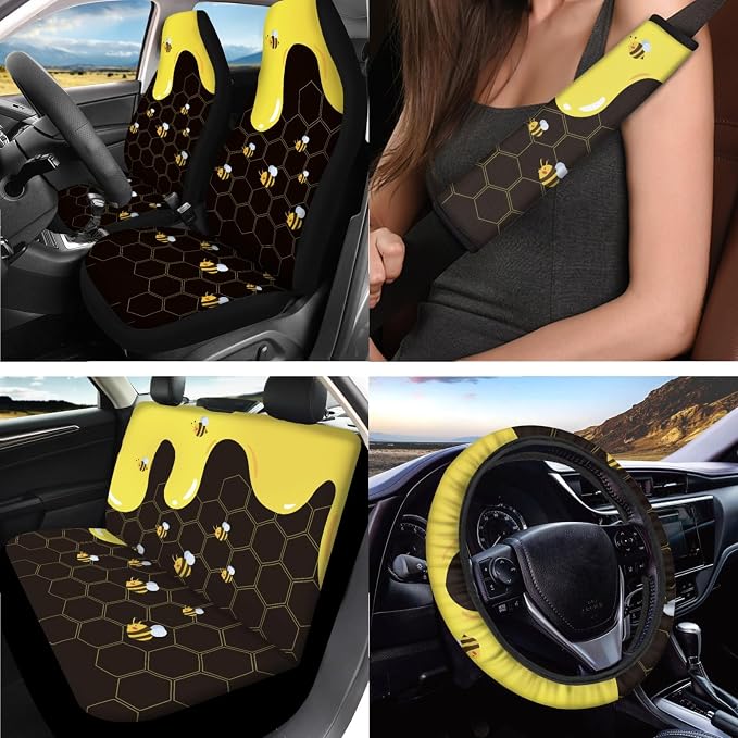Cute Bee Honey Cartoon Car Seat Covers for Front Rear Full Set + Auto Steering Wheel Cover + Seat Belt Pads + 2Pcs Coasters + Keychains + Gear Shift Cover Universal fit SUV Truck Vans Sedans