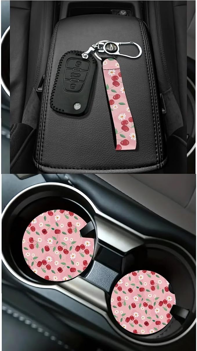 Dreaweet Pink Car Seat Covers Full Set for Women Cute Cherry Car Accessories with Steering Wheel Cover Seatbelt Covers Car Coasters Trash Bag Air Vent Storage Bag Rearview Mirror Cover Keychain,15 Pcs