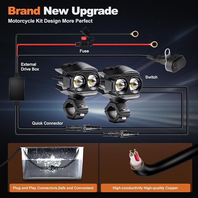 Motorcycle Auxiliary Lights,LEDMIRCY Motorcycle Fog Lights with Switch Wiring Harness Ip68 Waterproof Driving Spot Light with Mount Brackets Exploradoras LED para Moto for ATV Snowmobile Boat etc