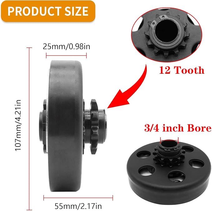 Centrifugal Clutch 3/4" Bore 12 Tooth with #35 Chain for Predator 212, Honda GC GX Engines and Most 2-6.5HP Small Engines performance Parts, Perfect for MiniBike, Go Kart, Lawnmower.
