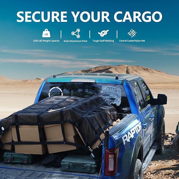 Tecoom Truck Bed Cargo Net, 7.12'x6.66' Heavy Duty for Pickup Truck Bed with Adjustable Cam Buckles, 4 S-Hooks, 2 Cross Strap, 1,500 lbs Capacity Accessory