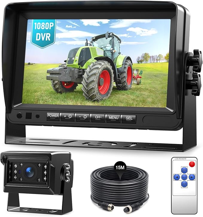 Fookoo 7" AHD 1080P Wired Backup Camera System Vibration-Proof for Tractor | Dual Split Screen Loop Recording IP69 Waterproof IR Night Vision Parking Lines for Excavator/Harvester/Agricultural Equipment