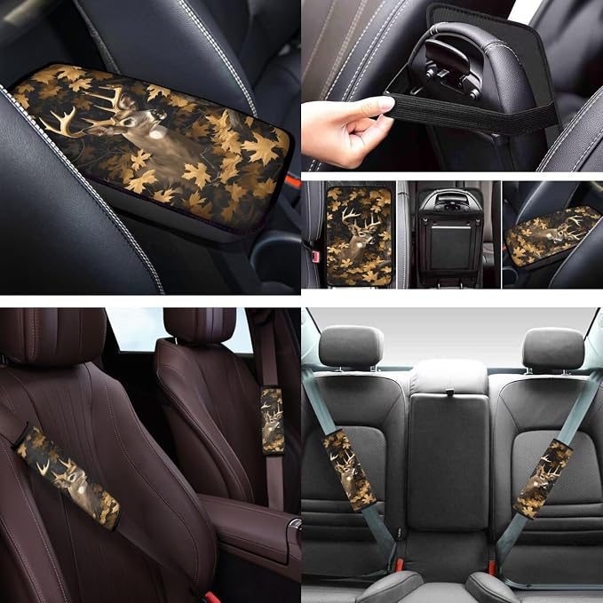 Camo Hunting Deer 12 Pack Car Seat Covers Full Set with Car Steering Wheel Cover Arm Rest Cover Auto Seat Belt Cover Cup Coasters and Keychain Holder Universal Fit Most Cars SUV