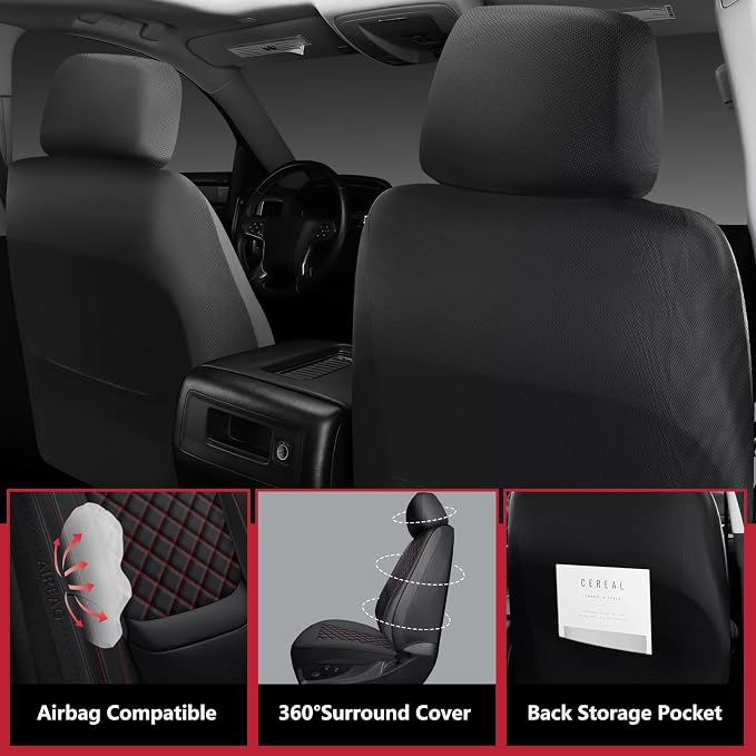 Silverado Seat Covers 2007-2026 Full Set, Truck Interior Sets Custom Fit for Chevy Chevrolet Silverado GMC Sierra 1500/2500/3500HD Crew/Double/Extended Cab with Lumbar Support, Black Red