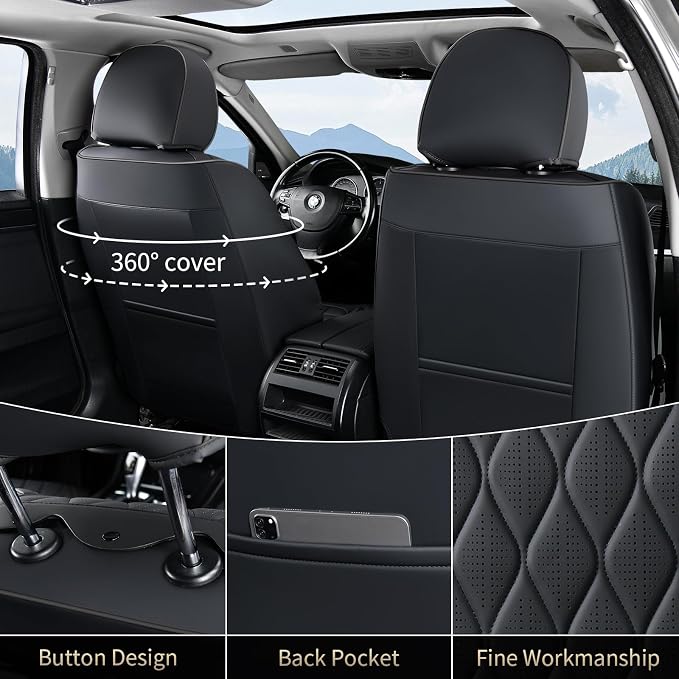 FLORICH Leather Seat Covers Full Set with Lumbar Support Black Car Seat Cover Waterproof Car Seat Cushion 5 Seats Full Coverage Seat Protector Universal Fit for Most Cars Sedans Trucks SUV, Black