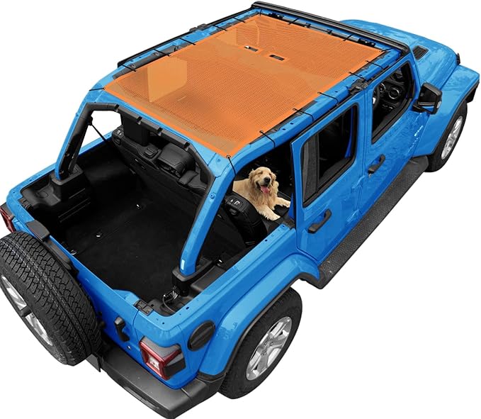 JL Top Sun Shade Roof Compatible with Jeep Wrangler 2 or 4 Door 2018 to 2023 Sunshade Sunroof Cover Blocks UV Wind Noise Orange Mesh for Full Length