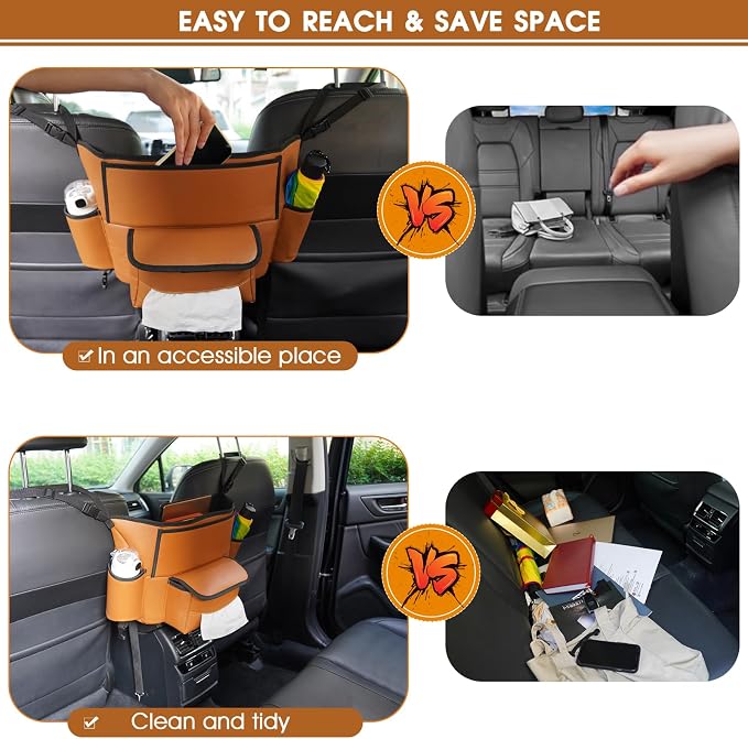 E EASTSTORM Car Purse Holder Between Seats, Car Seat Purse Handbag Holder, Automotive Consoles Organizers Storage Barrier Car Interior Accessories, Leather Large Capacity (Brown)