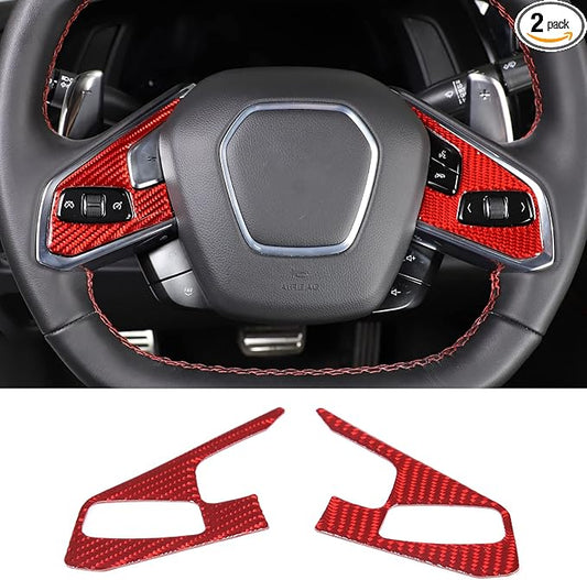 Steering Wheel Button Cover Compatible with Chevrolet Corvette C8 2020-2023, Steering Wheel Frame Trim, Car Steering Wheel Panel Protection Frame Molding Sticker (Red carbon fiber sticker)
