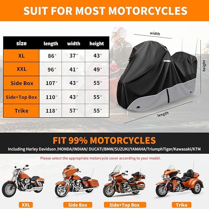 Motorcycle Cover, 110 Inch with Side+Top Box Touring Models Specific Vehicle Cover Storage Suitable for Harley-Davidson Ultra Limited, Road Glide Limited, Gold Wing, Road Master Grey