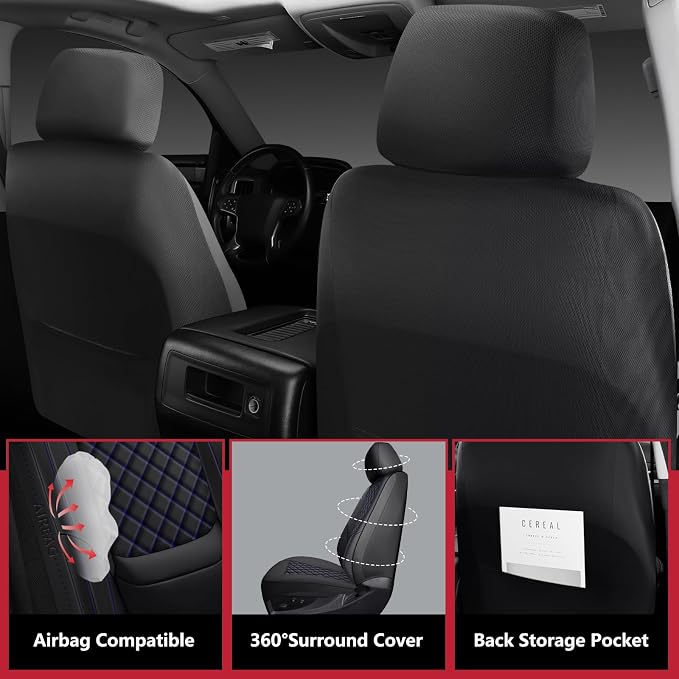 Silverado Seat Covers 2007-2026 Front Pair, Truck Interior Sets Custom Fit for Chevy Chevrolet Silverado GMC Sierra 1500/2500/3500HD Crew/Double/Extended Cab with Lumbar Support, Black Blue