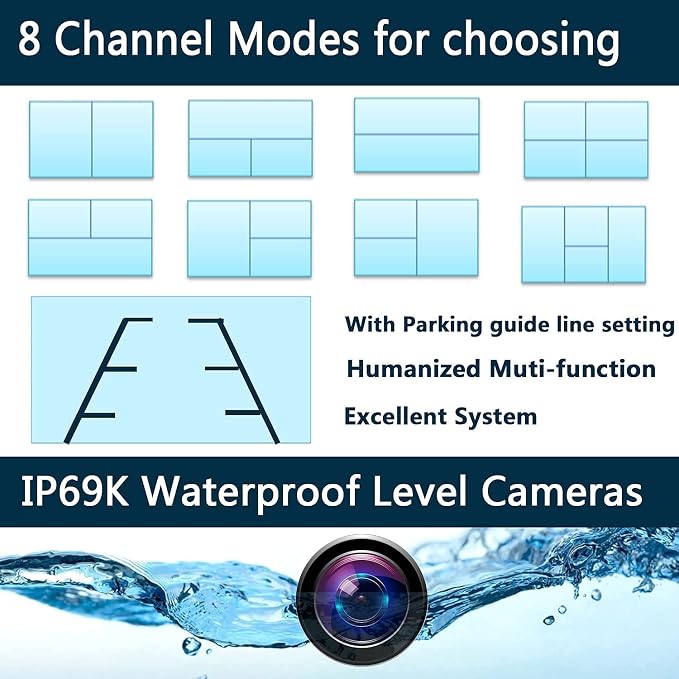 6 Channel Alarm Sensor Large 10.1 inch 1080P Backup Camera Audio Monitor & Built-in 128GB DVR Dash Cam for RV Truck Trailer Rear Side Front Reversing View Wired System Waterproof Avoid Blind Spot