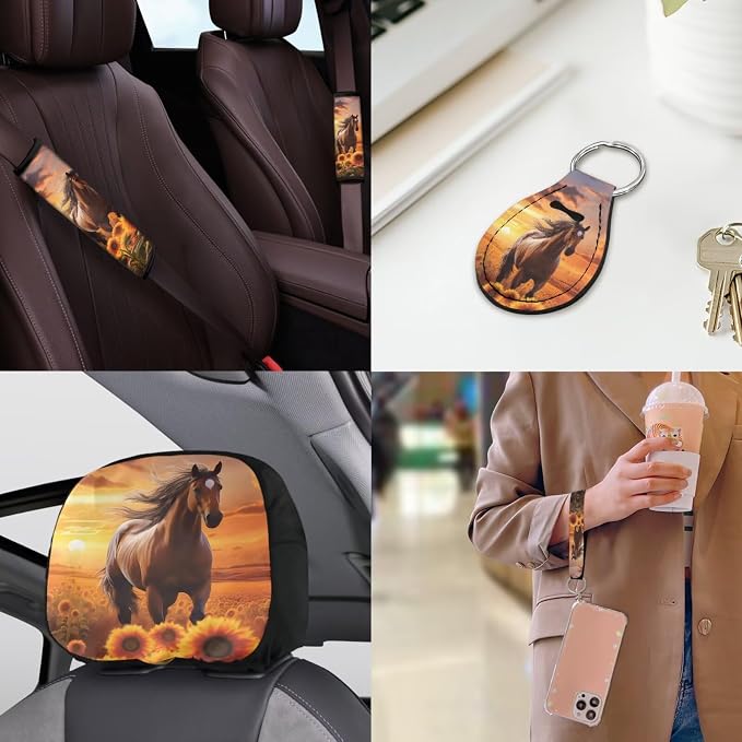 Horse Sunflower Car Accessories Full Set 18 Pcs Brown Horse Car Seat Covers Full Set Steering Wheel Car Covers Seat Belt Pads Cover Vehicle Trash Bag Armrest Box Pad Universal Fit