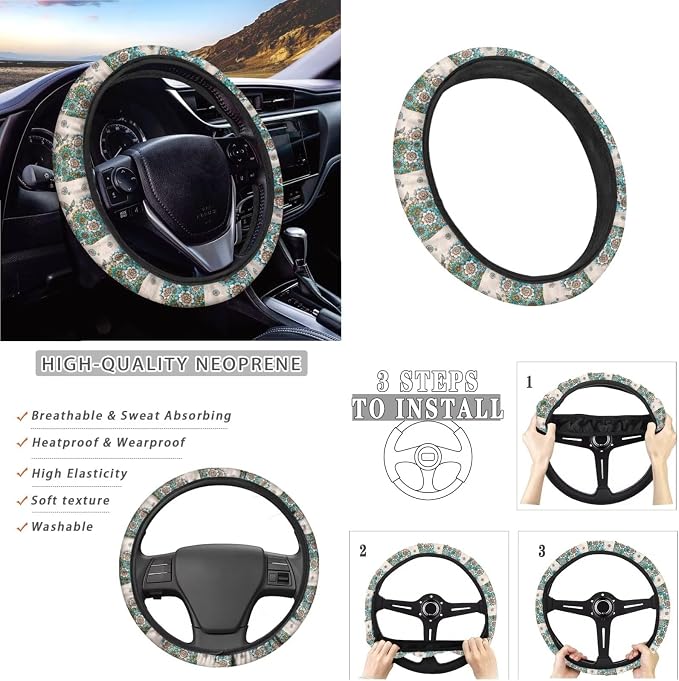 Boho Mandala Hummingbird Pattern 13 Pieces Car Accessories Interior Set, Non Slip Car Front and Rear Seat Cover, Steering Wheel Cover, Seat Belt Cover Pad Coasters, Gift for Friend and Family