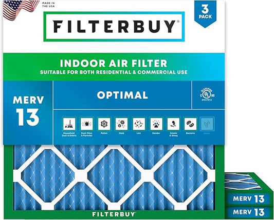 Filterbuy 12x12x1 Air Filter MERV 13 Optimal Smoke & Allergy Defense (3-Pack), Electrostatic Pleated HVAC AC Furnace Filters Replacement (Actual Size: 11.75 x 11.75 x 0.75)